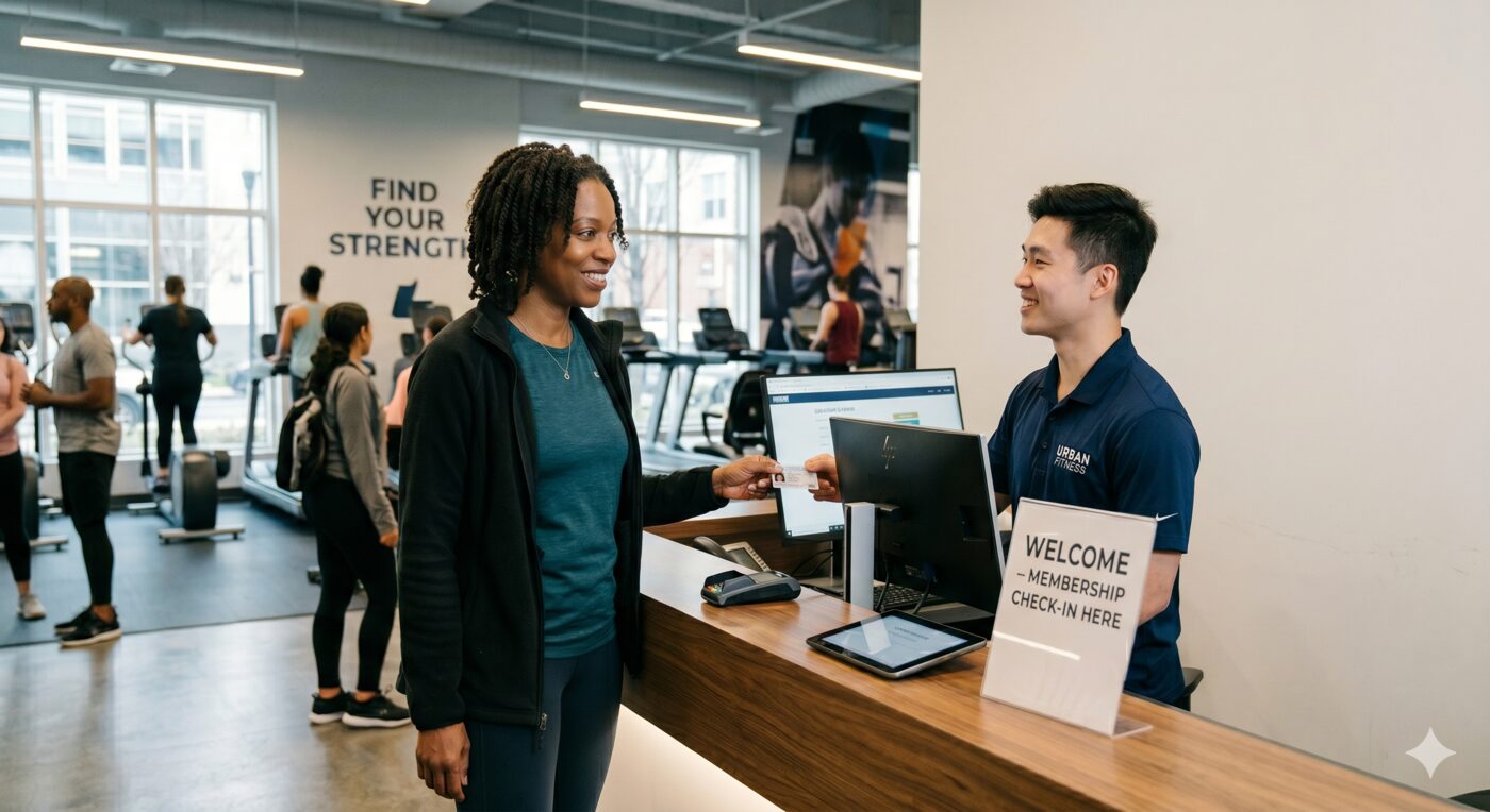 A member checking in at the front desk on her first day at The Well